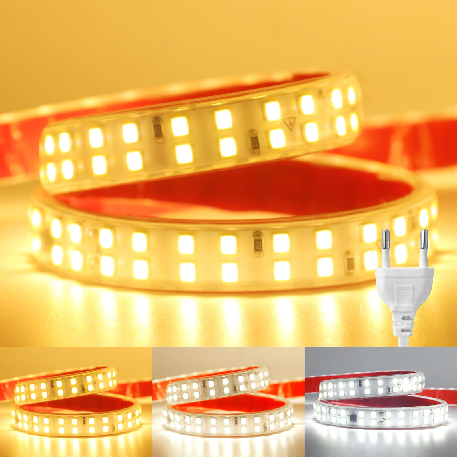 Lampu Strip 230V 240LED/m, dengan IC 220V 5m 10m 20m 30m 2835 IP67 pita perekat fleksibel tali 2pin sakelar kawat Kit daya potongan 10CM