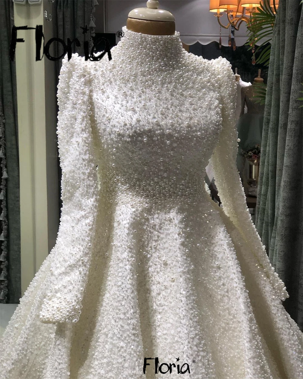 Pérolas cetim formal vestido de noite uma linha vestidos de noiva muçulmano manga longa alta pescoço vestido de noivado vestido de cerimônia de casamento