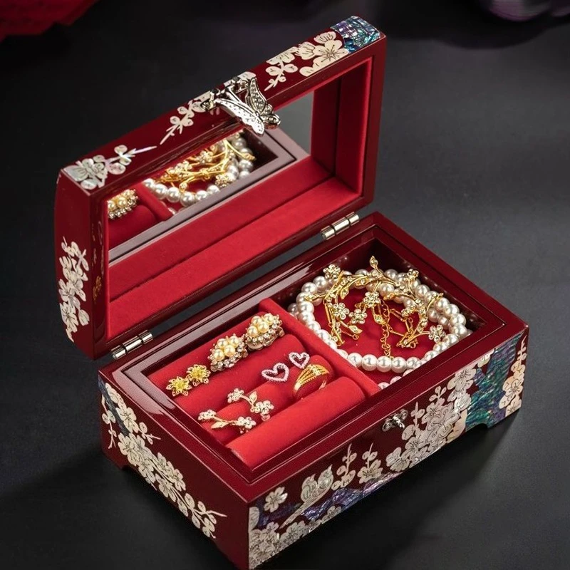 

Wooden Jewelry Storage Box Wedding Gift Organizer Boxes Necklace Bracelet Luxury Exquisite Display Box Jewelry Boxes with Mirror