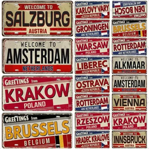 Netherland BELGIUM AUSTRIA CZECH POLAND Landmark License Plate City Metal Sign Decorative Vehicle Plate Man Cave Bar Wall Dec