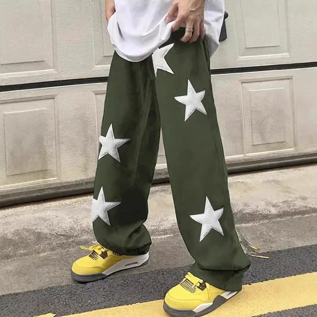 Y2k Vintage Casual Pants Streetwear Work Pants Straight Leg Wide Leg Pants Star Puff Print Hip-Hop High Street School Outift