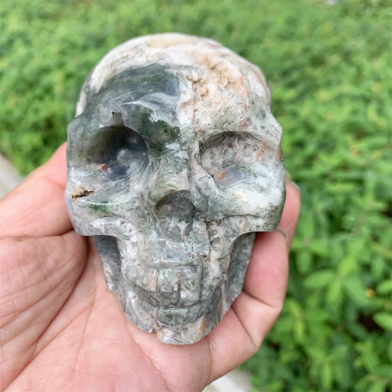 Natural Moss Agate Skull Carvings, Mini Statue Figurine, Crystal Stone, Decor, Halloween Decoration, Witchcraft Gift, 0.571kg