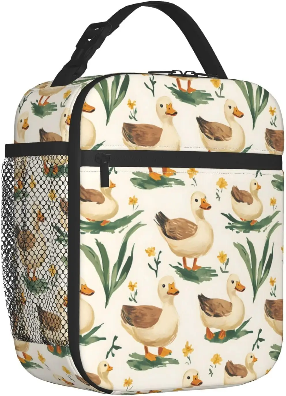 Cute Duck Lunch Bag, Polyester Tote Bags with Meadow and Floral, Rural Countryside Insulated Lunchbox