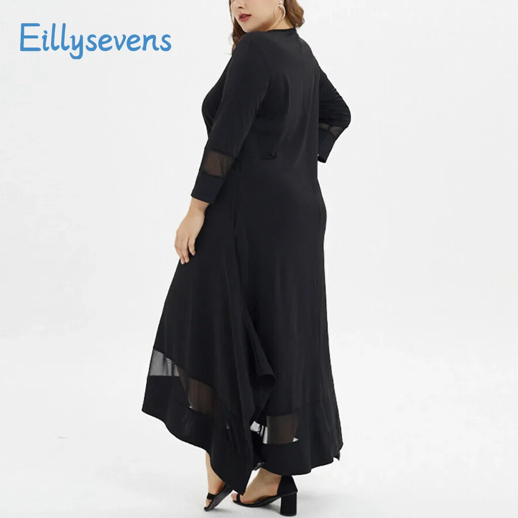 Large Size Round Neck Muslim Dress Classic Simple Solid Loose Long Sleeve Patchwork Dresses With Pockets All-Match Comfy Dress