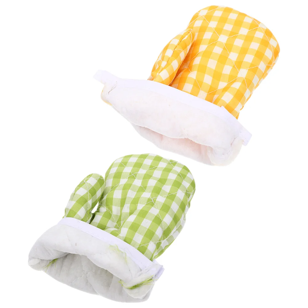 

2 Pcs Kids Oven Mitts Heat Resistant Insulation Gloves Baking Cooking Toddler Gold Grid Stove Hand Protection