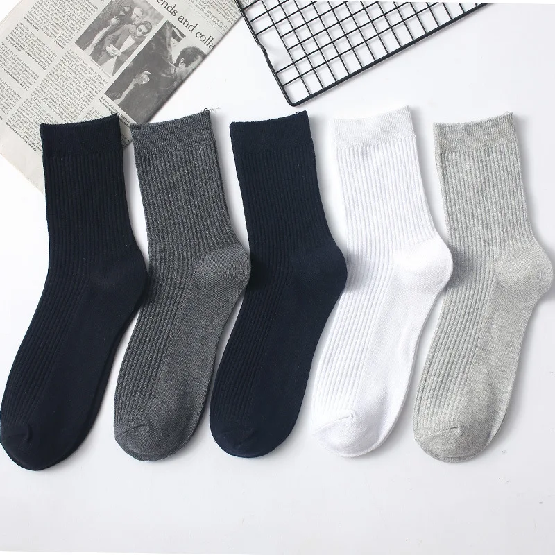 Autumn and Winter Men's Middle Tube Socks Cotton Business Men's SocksSolid Color Striped Long Tube Sock White Collar Sock