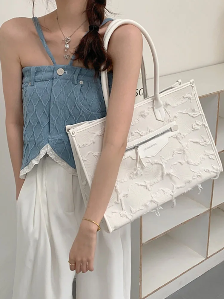 

Women Large Capacity Handbag 2022 New Summer High Level Texture All-Match Tassel Shoulder Bag Ladies Canvas Top-Handle Totes