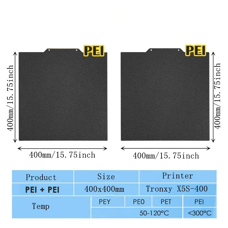 ENERGETIC 400x400mm Double Sided Textured Black PEI Powder Coated Spring Steel Build Plate for Tronxy X5S-400 3D Printer