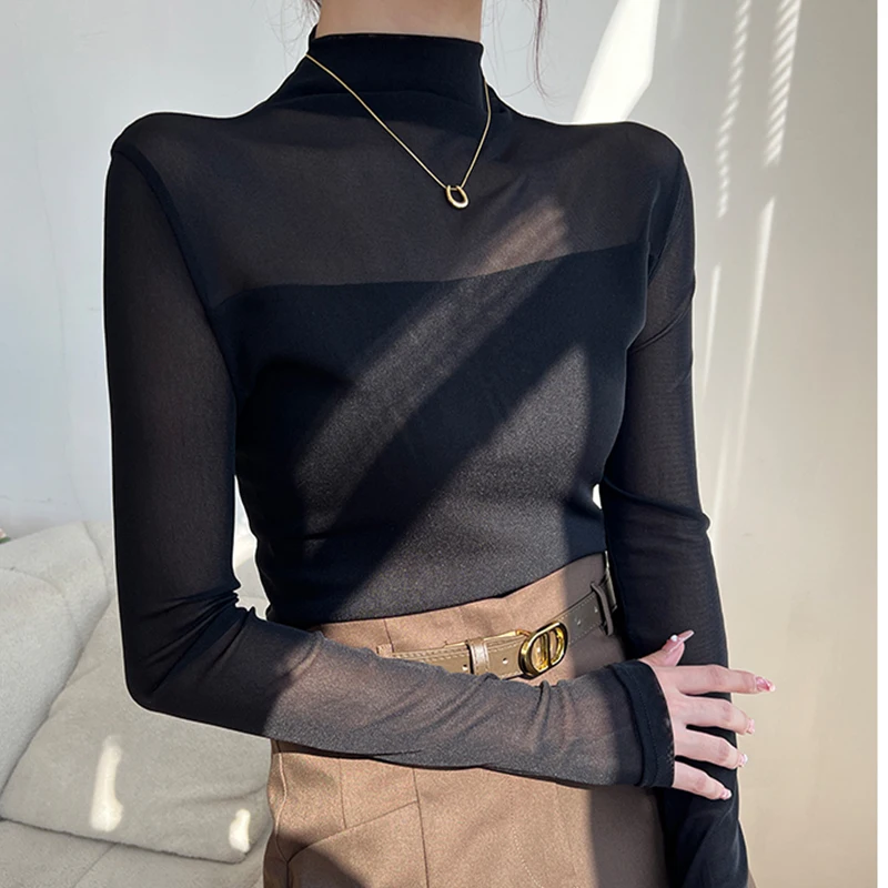 Women Half High Collar Long Sleeves T-shirt Lady Top Autumn/Winter Fashion Commute Mesh Spliced Elastic Pullover Female Clothes