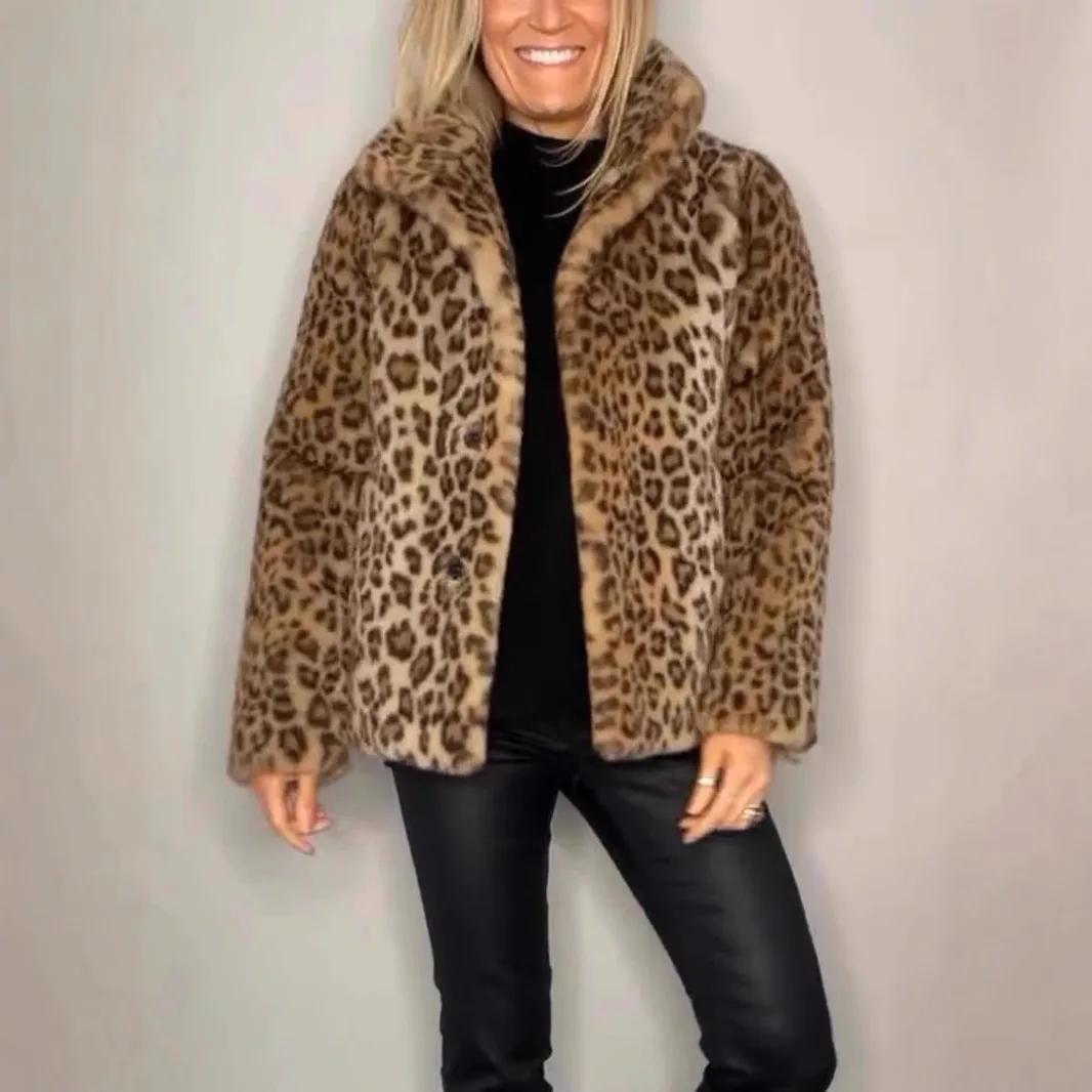 Luxe merk herfst winter bontjas dames retro luipaardprint zachte pluizige namaakbontjas reverskraag casual warme bovenkleding