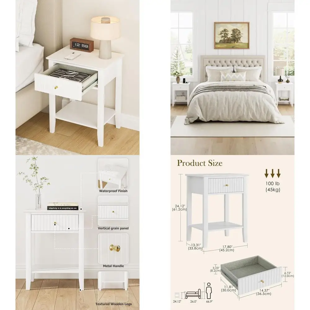 

Прикроватная тумбочка в стиле Mid-Century Farmhouse с ящиком, белый акцентный столик для спальни и гостиной