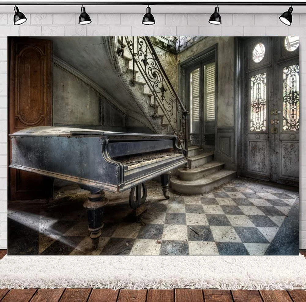 Photography Backdrop Vintage Castle Inside Piano Staircase Old Building Middle Age Architecture Abandoned Room Background