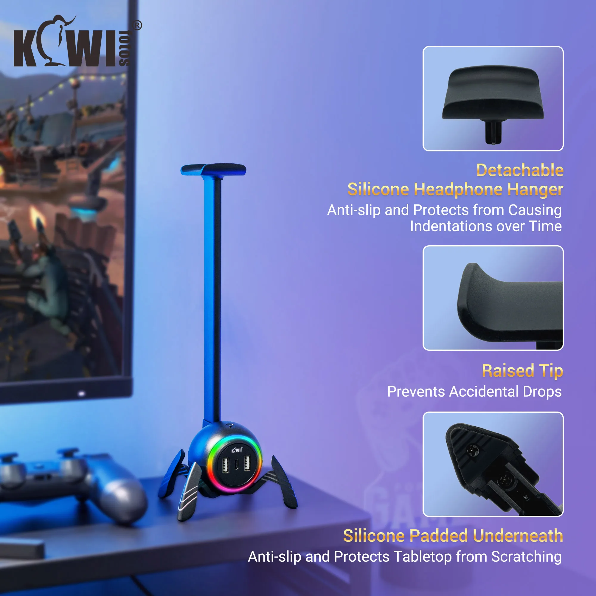 Stojak na zestaw słuchawkowy RGB Uchwyt na zestaw słuchawkowy do gier z portem USB 2 USB-C i 2 portami USB-A Wieszak na słuchawki na biurko Wspornik pionowy
