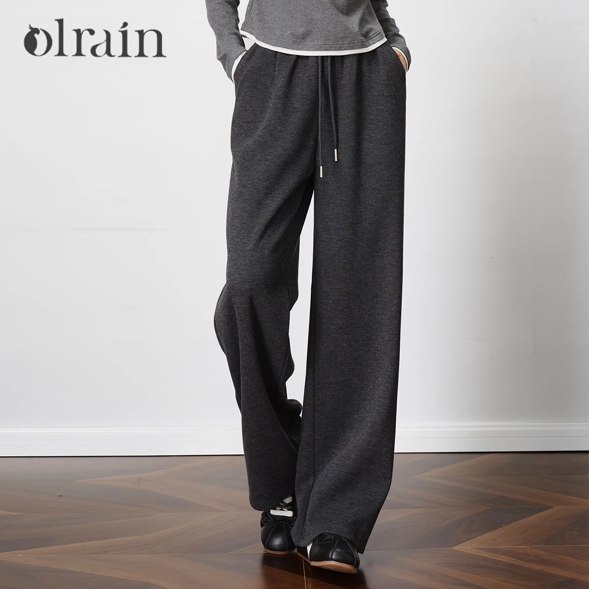OLrain Women Dark Gray Knitted Sweat Pants Lady 2026 Autumn Relaxed Wide Leg Long Trousers Lazy Bottom Woman Clothes O57QK001131