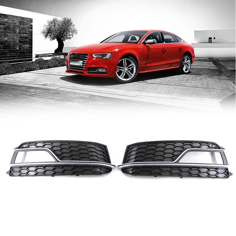 A Pair Front Bumper Honeycomb Fog Light Lamp Grille Chrome Grill Cover Fit for AUDI A5 Sline S5 2013-2017 8T0807681M