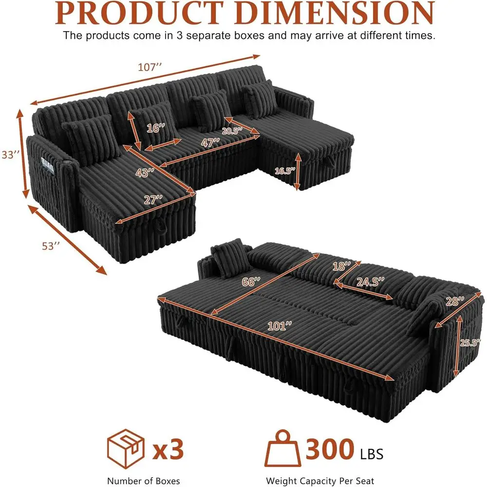 107 أريكة مقطعية مع سرير قابل للسحب، كرسي تخزين، مسند ظهر قابل للتعديل، منافذ USB، حاملات أكواب، جيوب جانبية، قماش سروال قصير