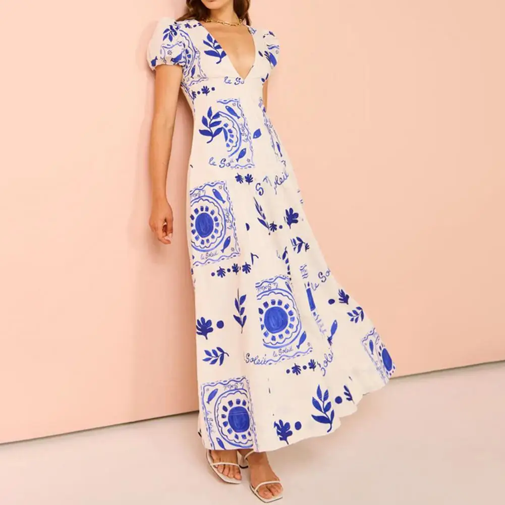 

Wide Hem Dress Stunning Colorful Maxi Dress with V Neck Bubble Sleeves Side Pockets for Prom Parties Summer Evenings Women Print