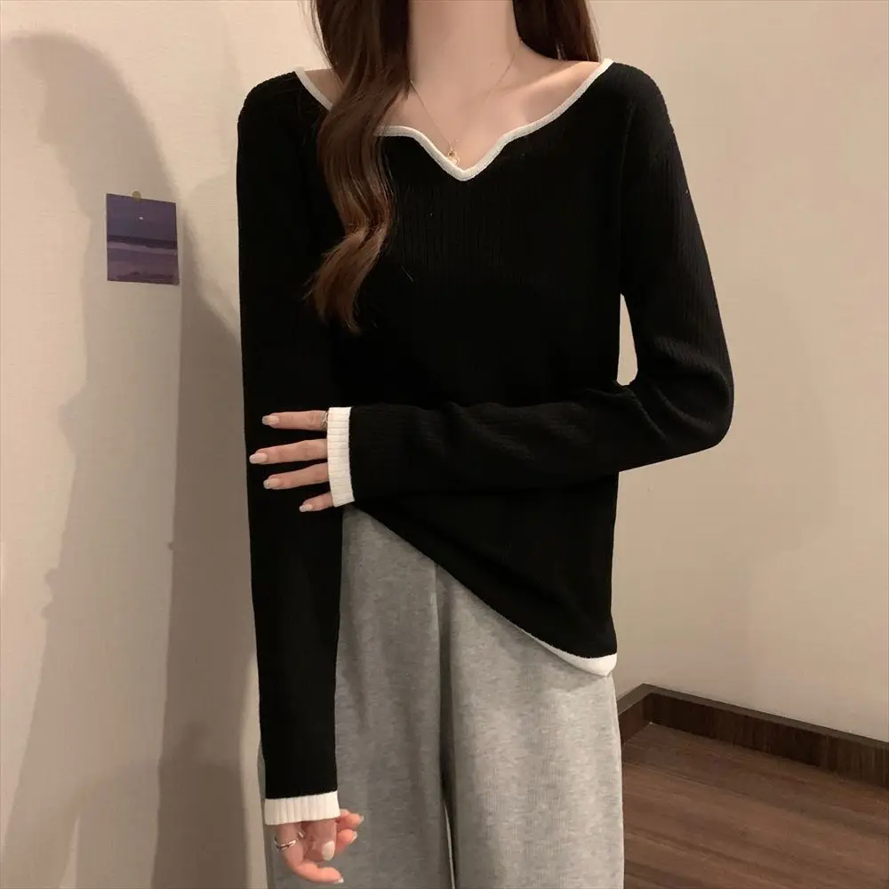 Street Casual Fashion Loose Office Lady Simplicity Autumn Winter Thin Solid T-Shirts Patchwork O-neck Long Sleeve Women Clothing