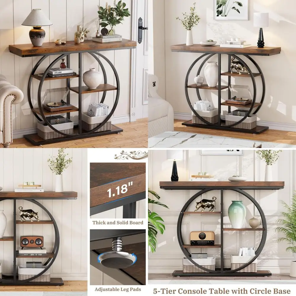 Industrial Entryway Console Table with Storage, Rustic Brown Accent Furniture for Living Room, Narrow Decor with Circle Base for