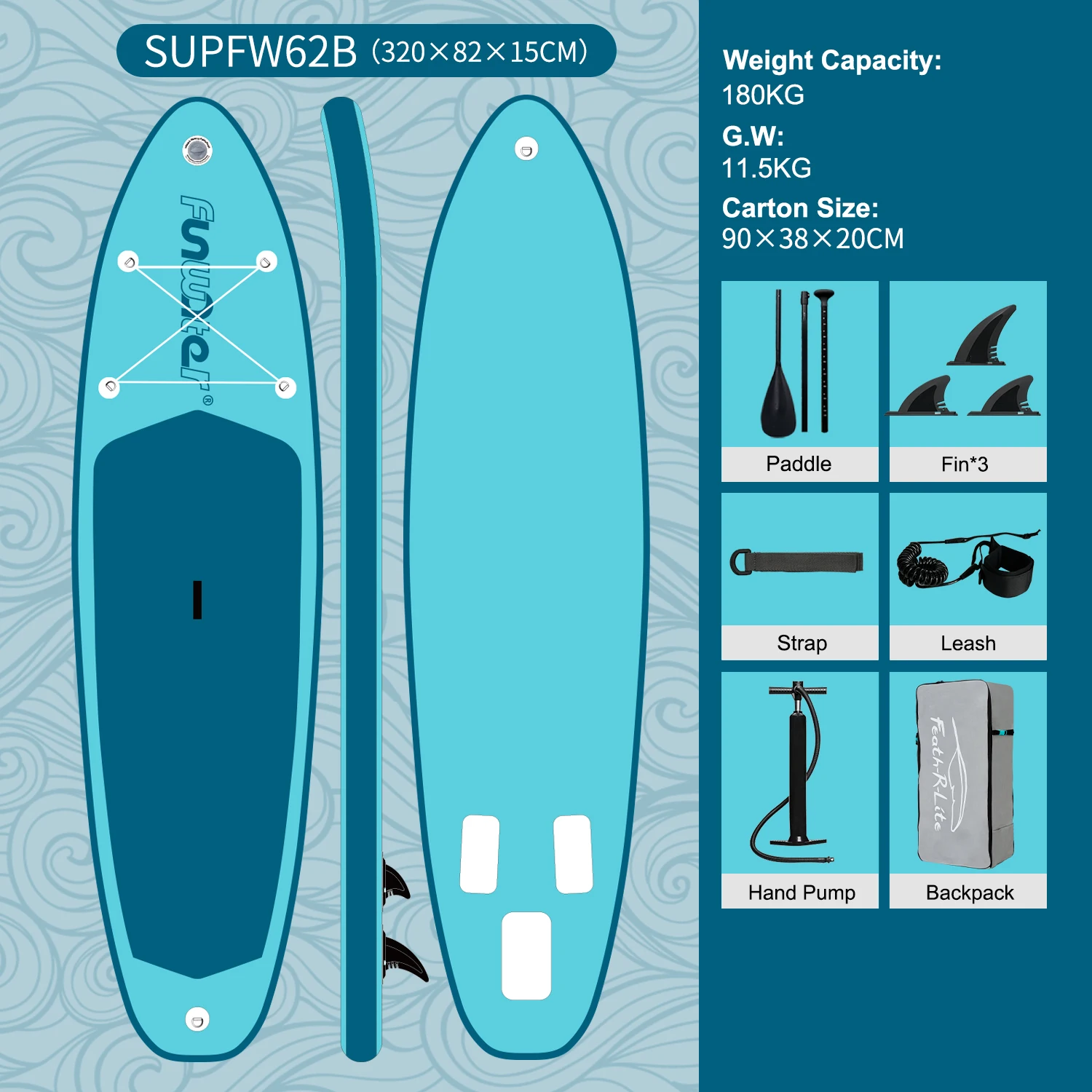 FunWater Opblaasbaar SUP Board 335×85×15CM, Groot Stand Up Paddle Board met Antislip Dek, Draagbare Surfplank voor Volwassenen, Allround Watersport