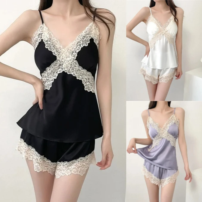 Sexy Lace Strap Top&shorts Pijamas Suit Women 2pcs Chemise Sleepwear Silky Satin Home Wear Clothing Summer Pajamas Set Lingerie