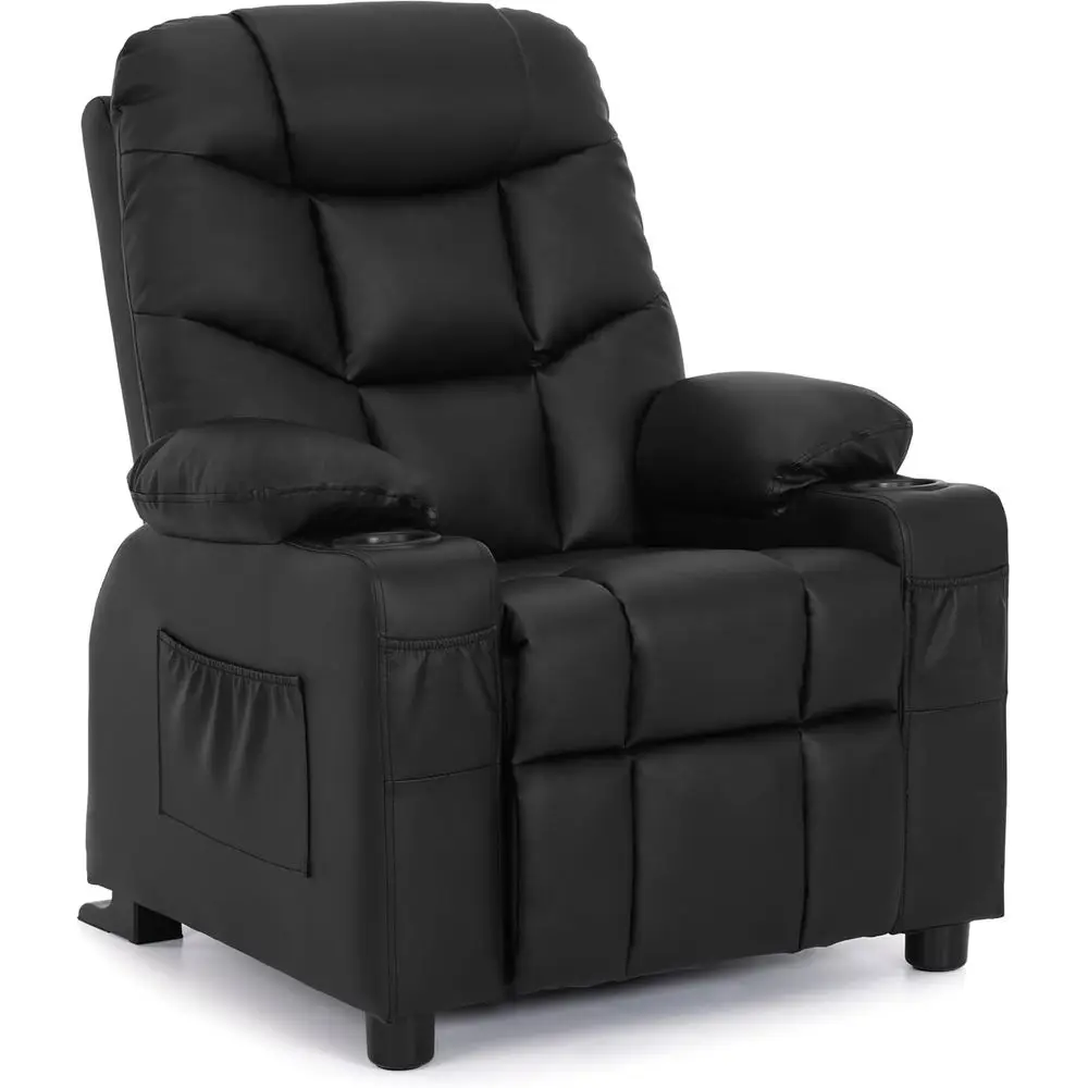 

Big Kids Recliner or Ages 3+, Child Reclining Chair, Toddlers Recliner Soa with Cup Holders (aux Leather, Black)