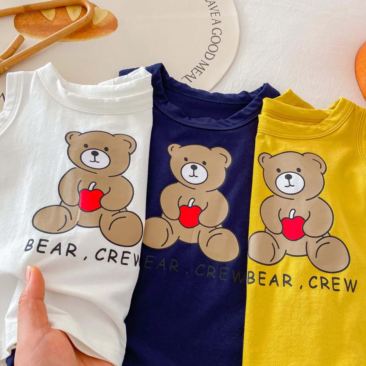 Korean Fashion Kids Clothes Baby Boy Girl Summer Cartoon Bear Print Sleeveless Tops + Shorts Unisex Two Piece Set 1-5yrs