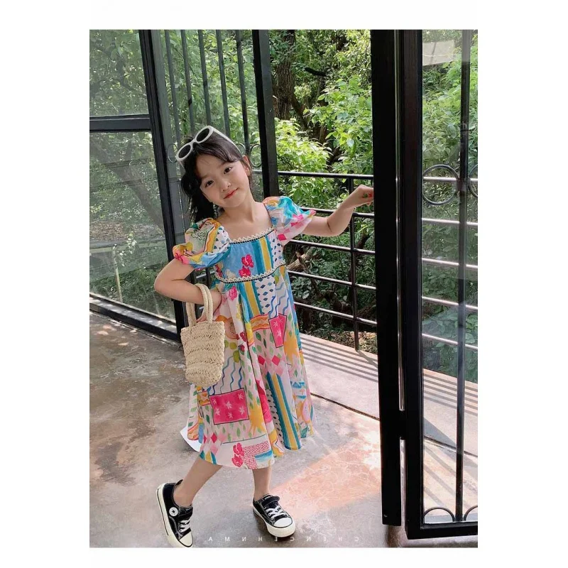 Girls Dress New Summer Dress Romantic Oil Painting Style Printing Fashionable Short Sleeve Dress Children One Piece Dropshipping