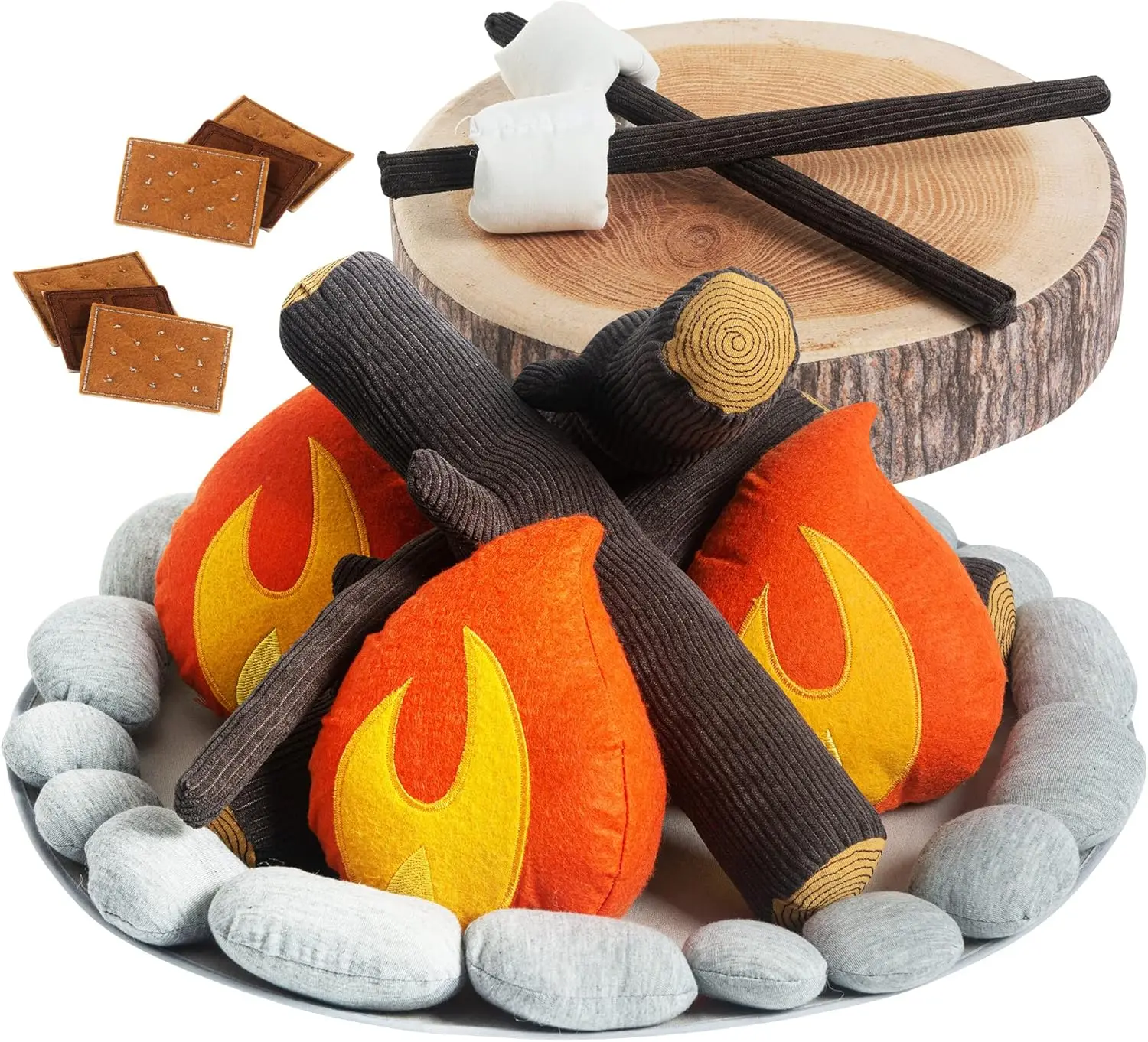 

Kids Pretend Campfire Set with S'Mores Kit & Wood Log Pillow - Soft, Safe Toy for Ages 3+