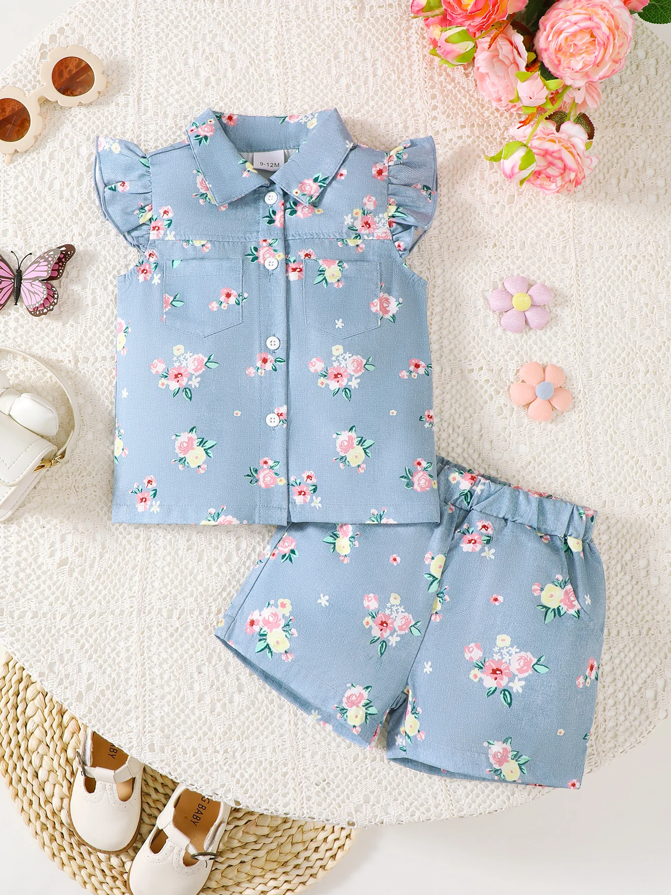 

Fashion Baby Girl 2PCS Floral Print Outfit Set Ruffle Sleeve Button Down Shirt + Shorts for 0-3Y Newborn Casual Summer Clothes