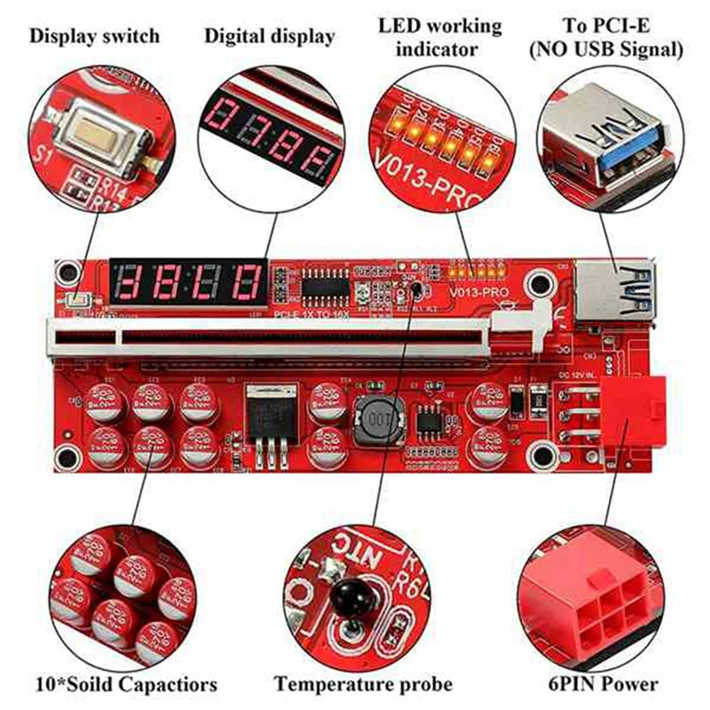 Adaptador PCI-E a PCI-E de 1 a 4, extensor PCIE USB 3,0 de 1X a 16X con tarjeta elevadora especial de minería V013 Pro para vídeo GPU