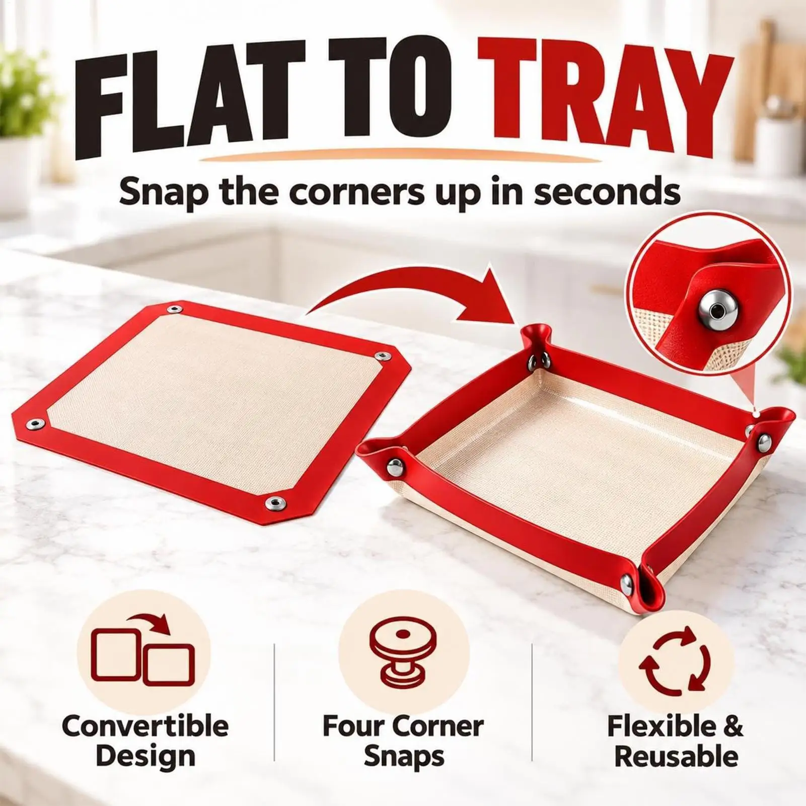 Silicone Pastry Mat 1PC Baking Mat with Buckle Reusable Corners Snap Together to Form Leakproof & Non Stick Baking Cooking Tray