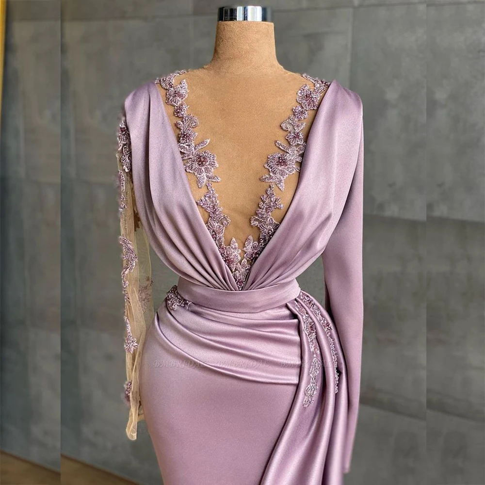 Luxury Evening Dresses Long Sleeve Pleat Appliques V-Neck Mermaid for Special Event Elegant Women Vestidos Chic Prom Dress