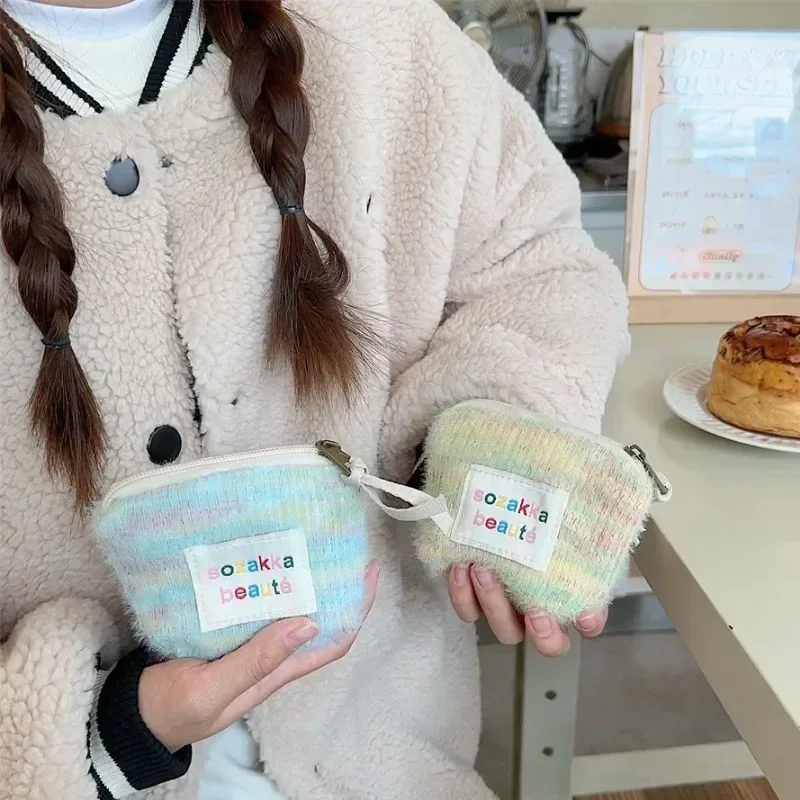 Stripes Plush Coin Purse Kawaii Cute Key Money Card Case Bags Small Coin Bags for Women Boys Girls Gift Mini earphone wallet