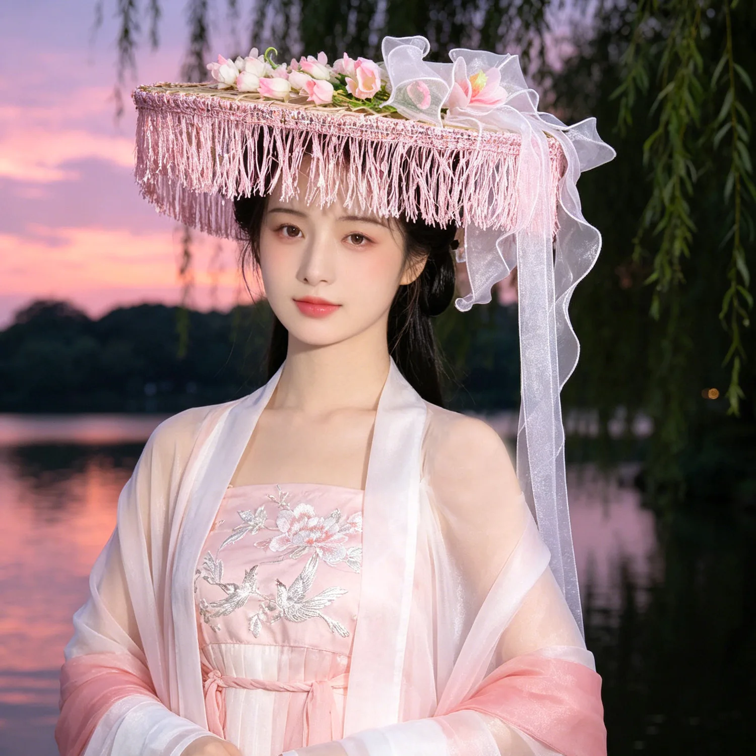Pink Flower Bamboo Hat Women Hanfu Accessories Display White Antique Sunscreen Veil Bamboo Hat Curtain Cosplay Head Umbrella