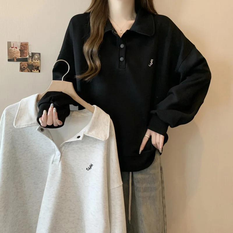 Turn Down Collar Sweatshirts Women Spring Autumn New Loose Cozy All-match Korean Style Button College Tops Students Sweet Girls