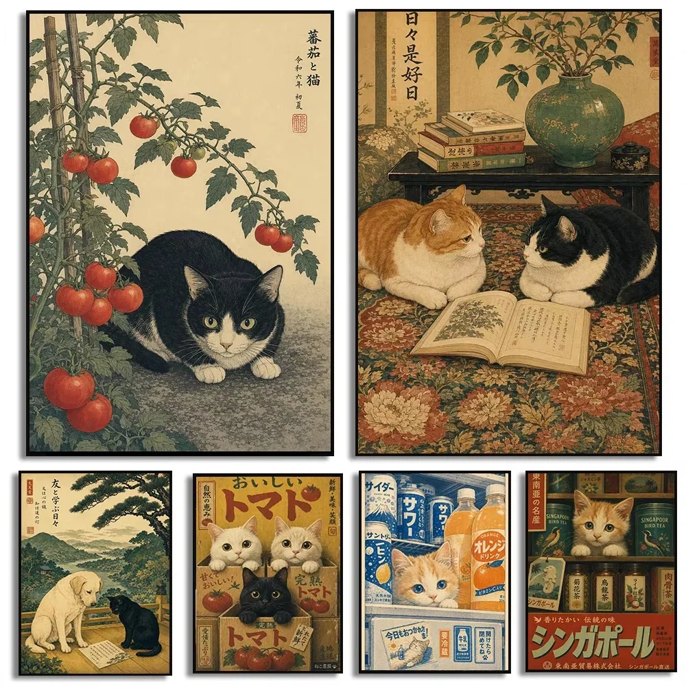 5D DIY Vintage Japanische Katzen-Diamantmalerei, Ukiyo-e-Stil Katzen mit Tomaten und Büchern, Perfekt für Heimdekoration und als Geschenk