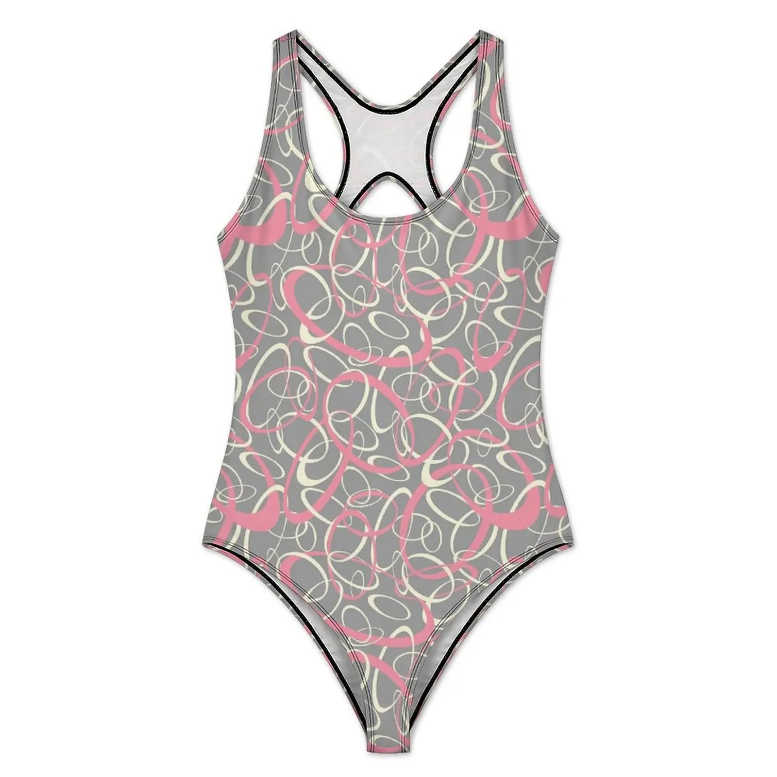 Retro Mod Swimsuit Pink Gray Geometric Push Up Swimwear One-Piece Holiday Swim Monokini Swimsuits Graphic Beach Wear Plus Size