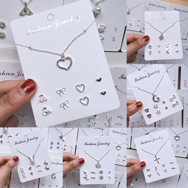 1set Trendy Zircon Pendant Necklace with 4 Pairs Stud Earrings Fashion Jewelry Set Simple Silver Color Clavicle Chain Ear Stud image 2