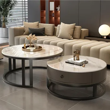 Image Modern Nesting Coffee Table with drawer,round,soild wood tabletop，metal frame,simple Sliding design tea table for Living Room