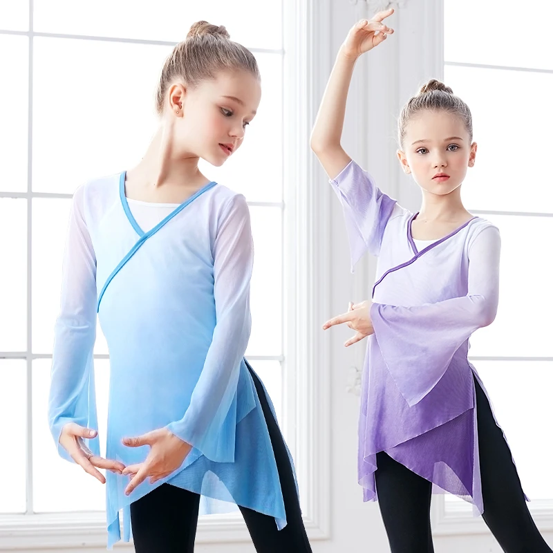 Girls Classical Dance Tops  Flare Sleeve Graduated Color Dance Costume Ballet Yoga Tops Blue Green Classical Folk Dance Coats