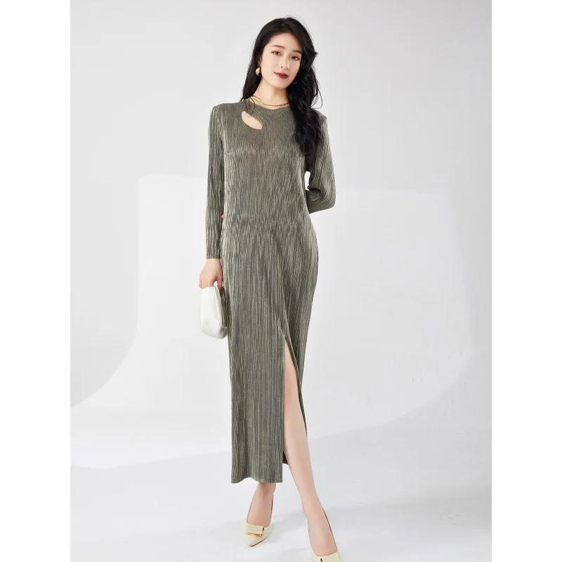 Miyake Summer Women's Dress High end Long sleeved Split Gold Plated Fashion and Elegant formal attire [24422zsj-Z4009]