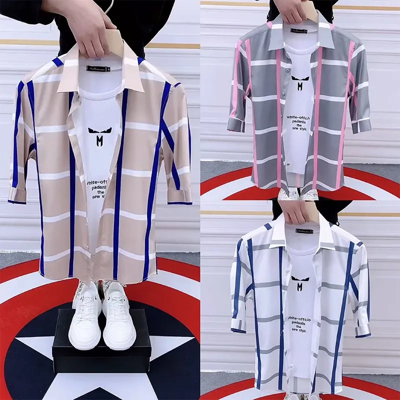 

Мужская приталенная рубашка в клетку с коротким рукавом в корейском стиле, молодежная, модная, с индивидуальным дизайном