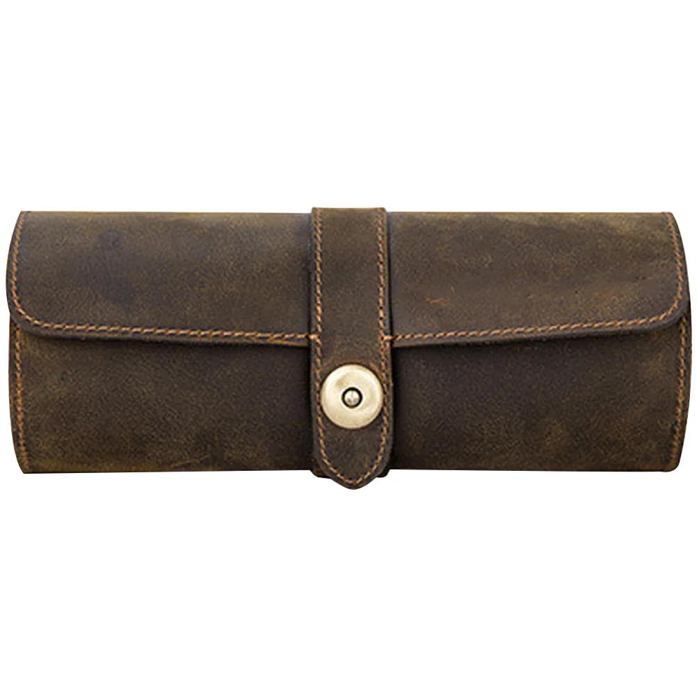 

Watch Case 3 Pieces Round Cylinder Cattle Watch Box Coffee Color Travel Organizer For Men Women Storage