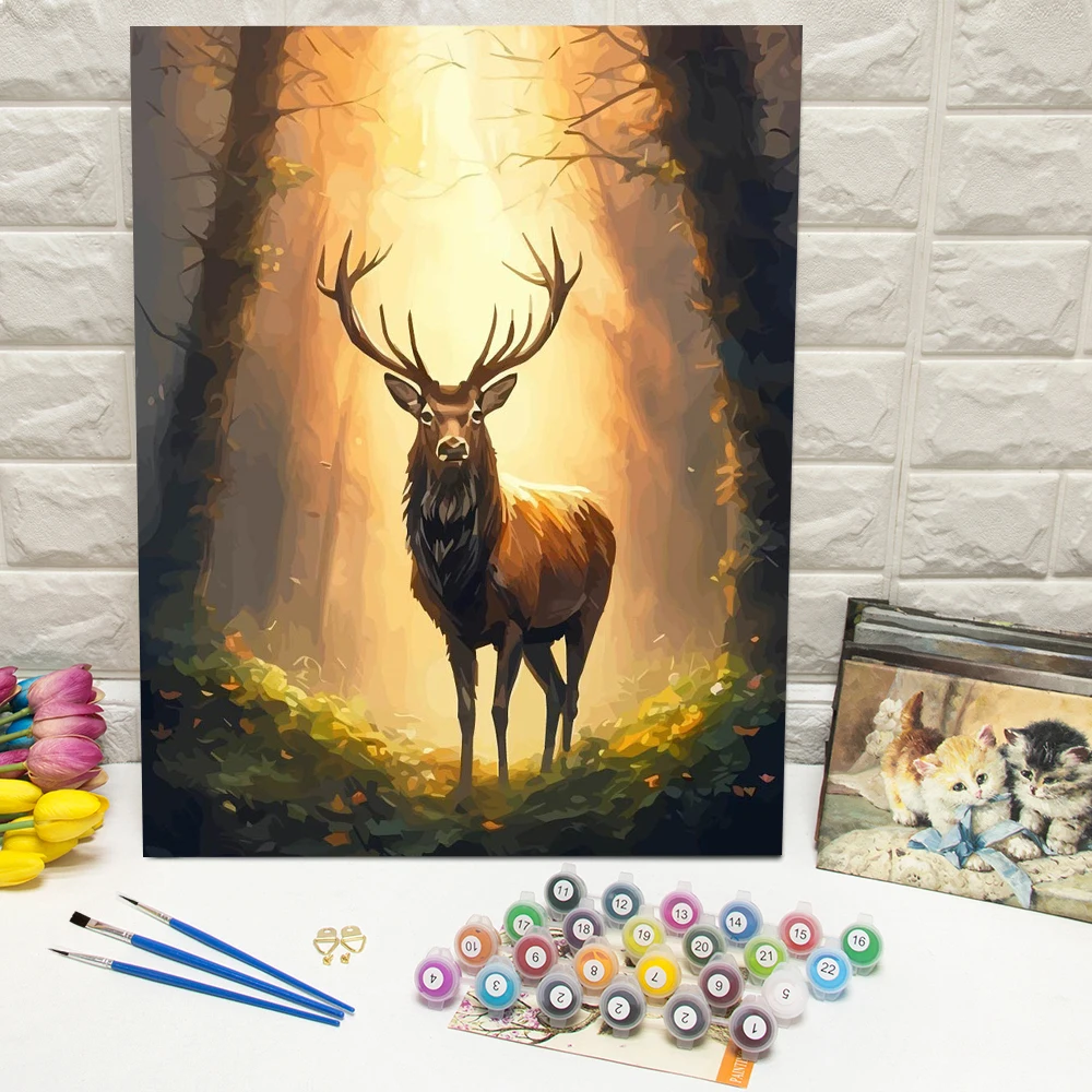 Ölgemälde nach Zahlen: Rentier im Wald, digitales Ölgemälde, Tier-DIY-Set für Erwachsene, Acrylfarbe auf Leinwand, Heimdekoration