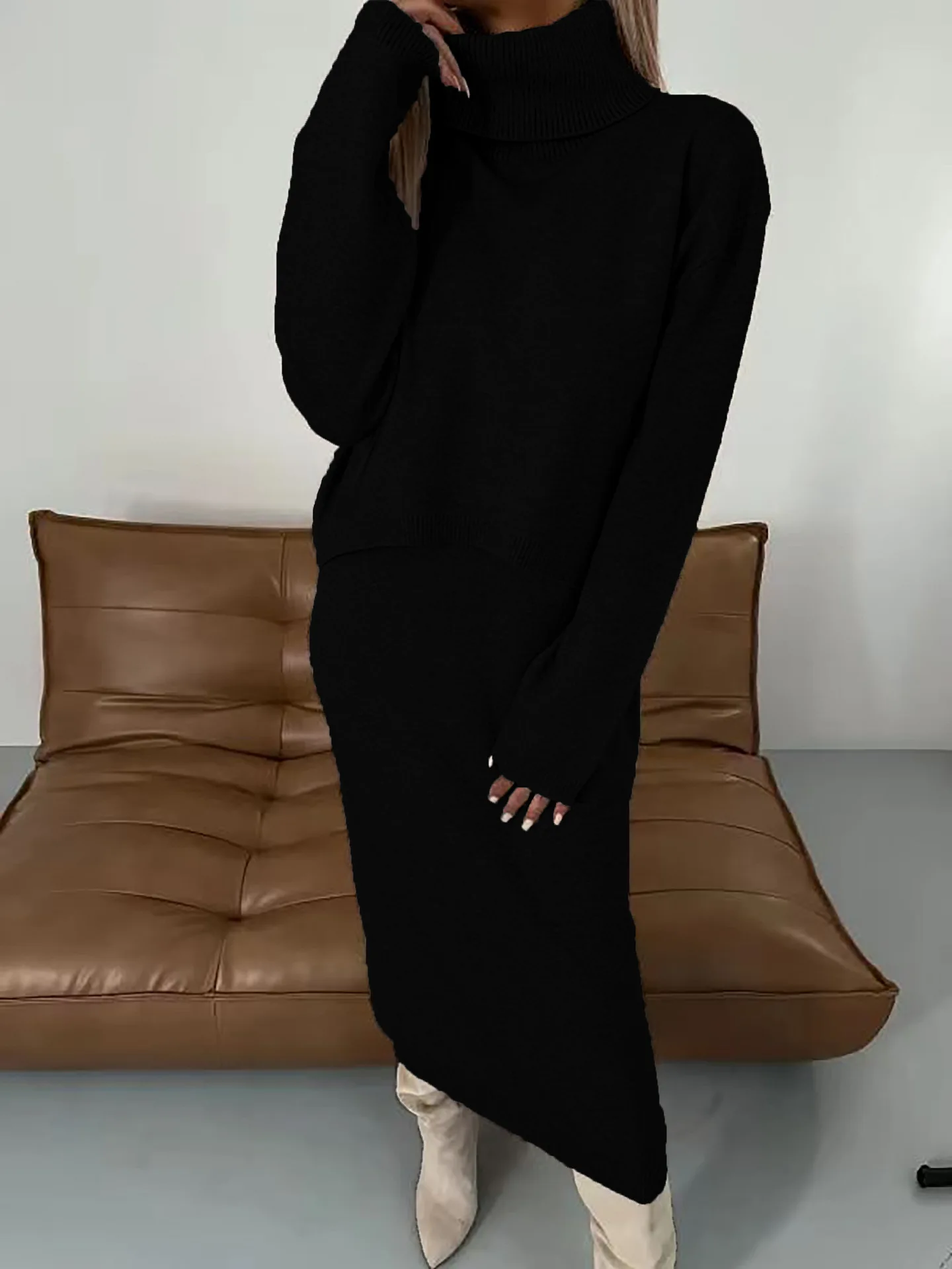 New Sweater Dress High Neck Long Dress Two-piece Set Solid Color Knitted Dress