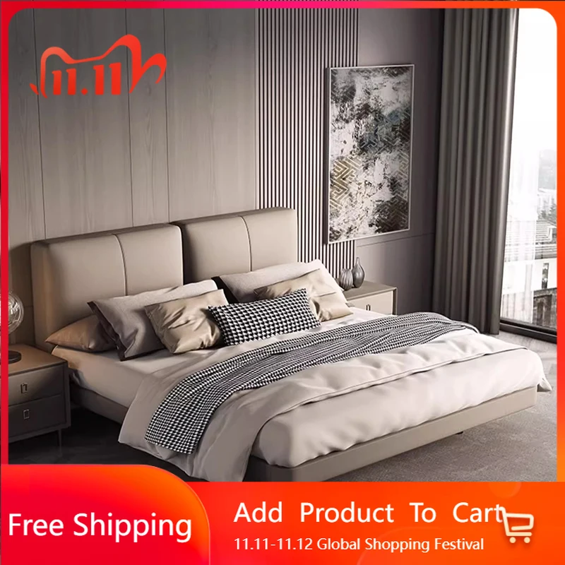 

Bedroom Double Bed Leather Sleeping Platform Full Loft Modern Sofa Queen Bed Safe Headboards Letto Matrimoniale Home Furniture