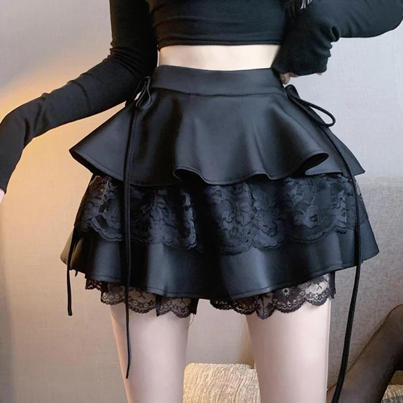 Y2K Sweet Solid Women Mini Skirt Summer High Waist Lace Patchwork Ladies Ball Gown Fashion All Match Ruffles Female Skirt