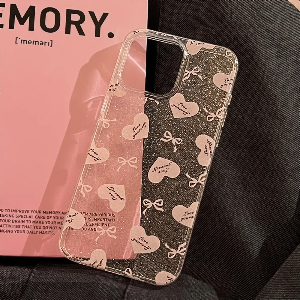 Koreanische süße Schleife Liebe Herz transparent Glitzer Handyhülle für iPhone 16 15 14 13 12 11 Pro Max stoßfeste Schutzhülle
