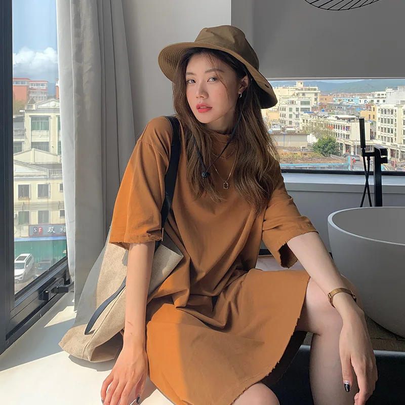 Abito da donna con colletto posteriore in cotone con spalle scoperte, edizione coreana estiva, gonna t-shirt a maniche corte ampia da media a lunga per donna